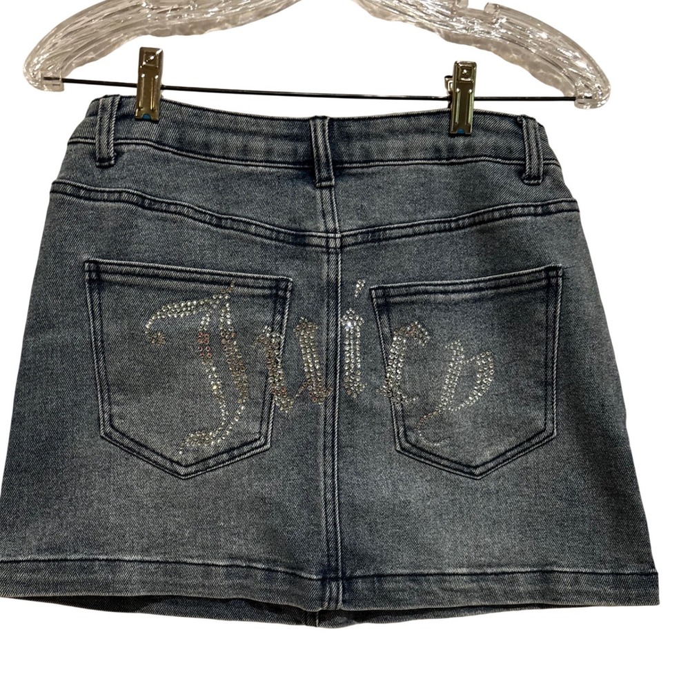 New Juicy‎ Couture Denim Mini Skirt Dark Acid Wash Rhinestone Logo Sz 5/27 y2k